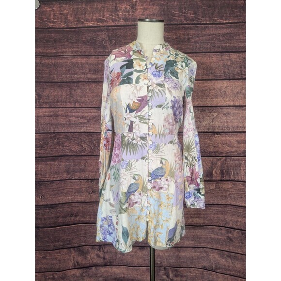 ZARA Linen Blend Button Up Mini Dress Long Sleeve Floral Parrot Tropical Size S - Picture 1 of 11